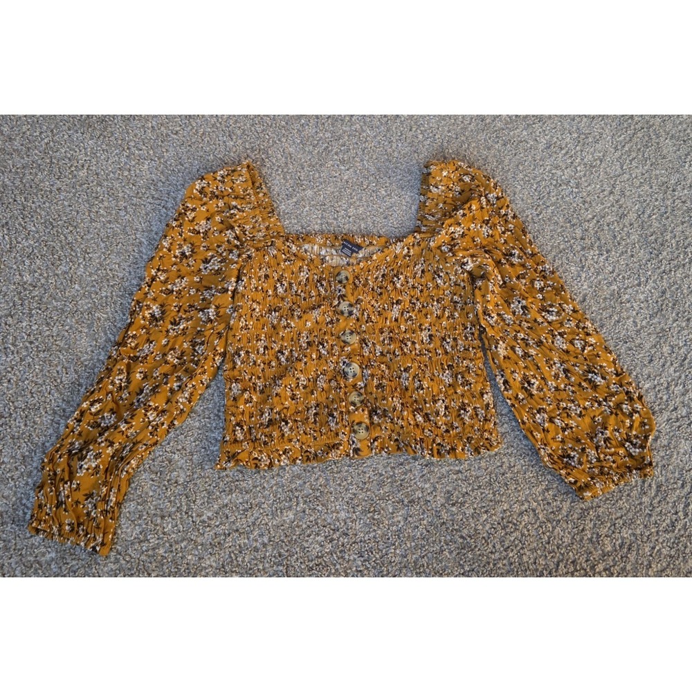 Yellow American Eagle Floral Smocked Crop Top With Square Neck/Balloon Sleeves